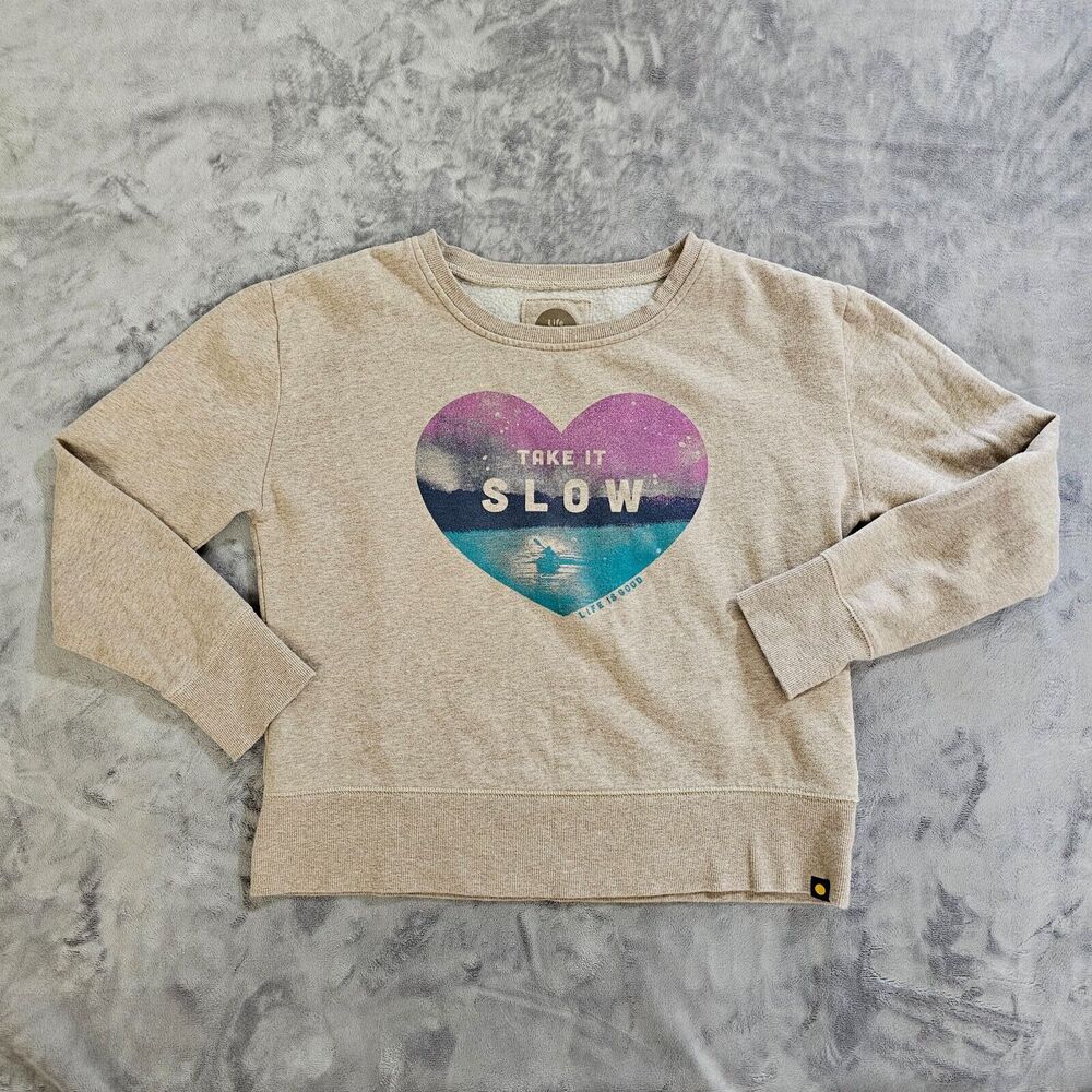 Life Is Good Sweater Sweatshirt Top Womens Small Beige Pink Heart Long Sleeve